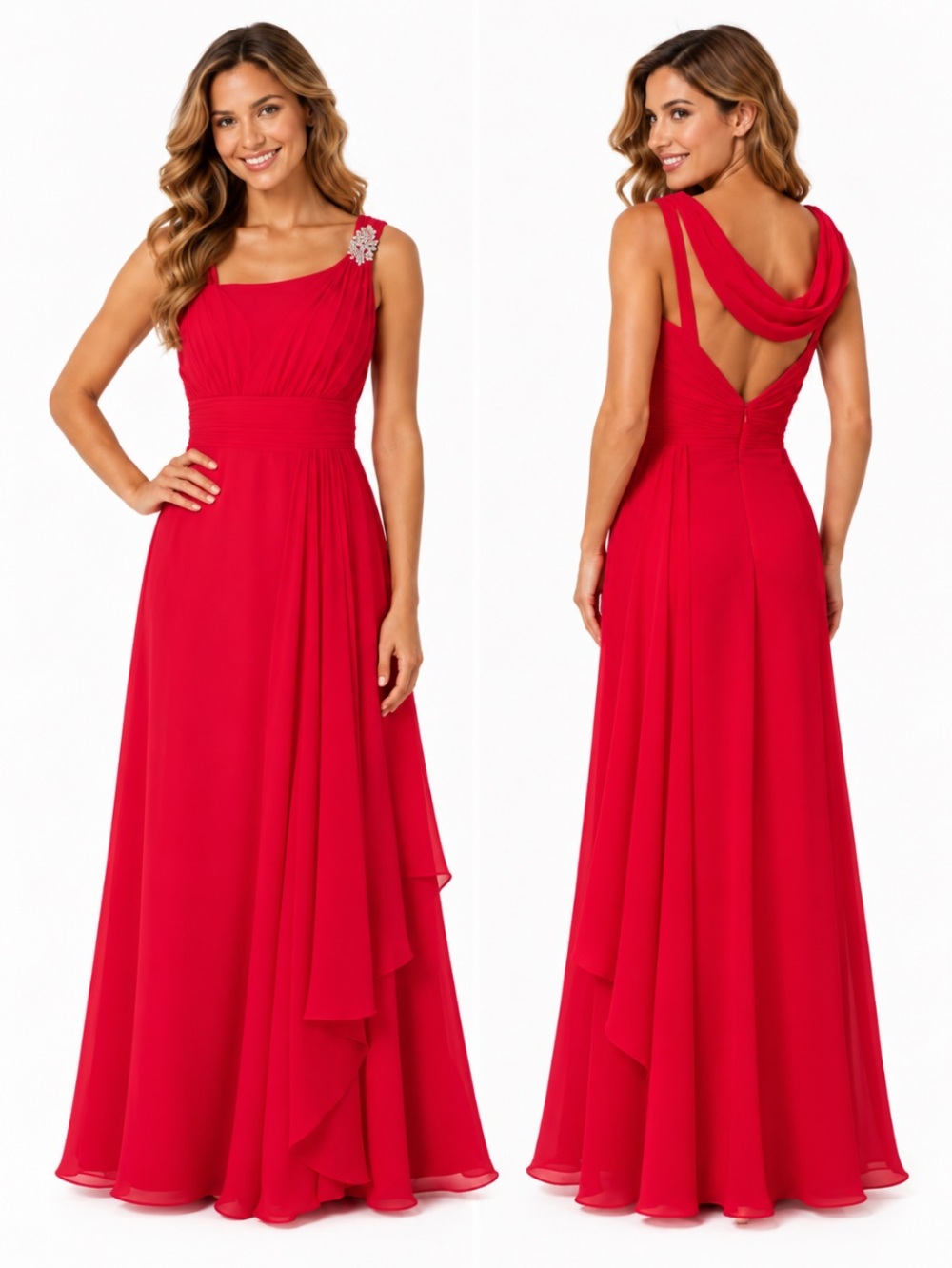 ALLURE BRIDALS Ruby Red Chiffon Embellished One-Shoulder Formal Evening Gown Sz4